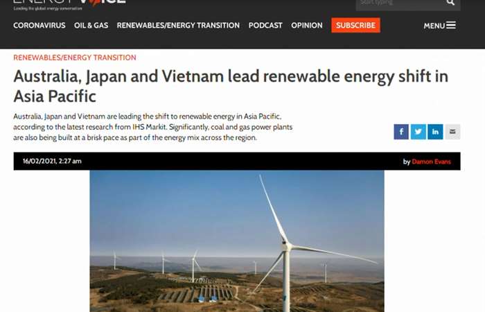 Việt Nam trong top 3 khu vực về chuyển đổi năng lượng tái tạo