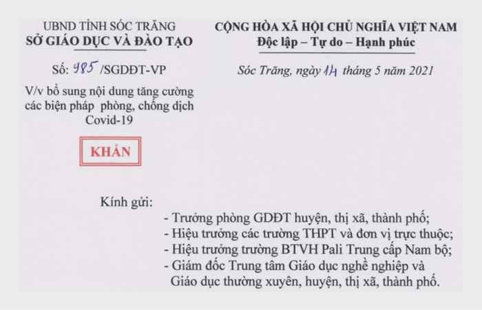 Công văn của Sở GD&ĐT tỉnh Sóc Trăng về việc bổ sung nội dung tăng cường các biện pháp phòng, chống dịch COVID-19
